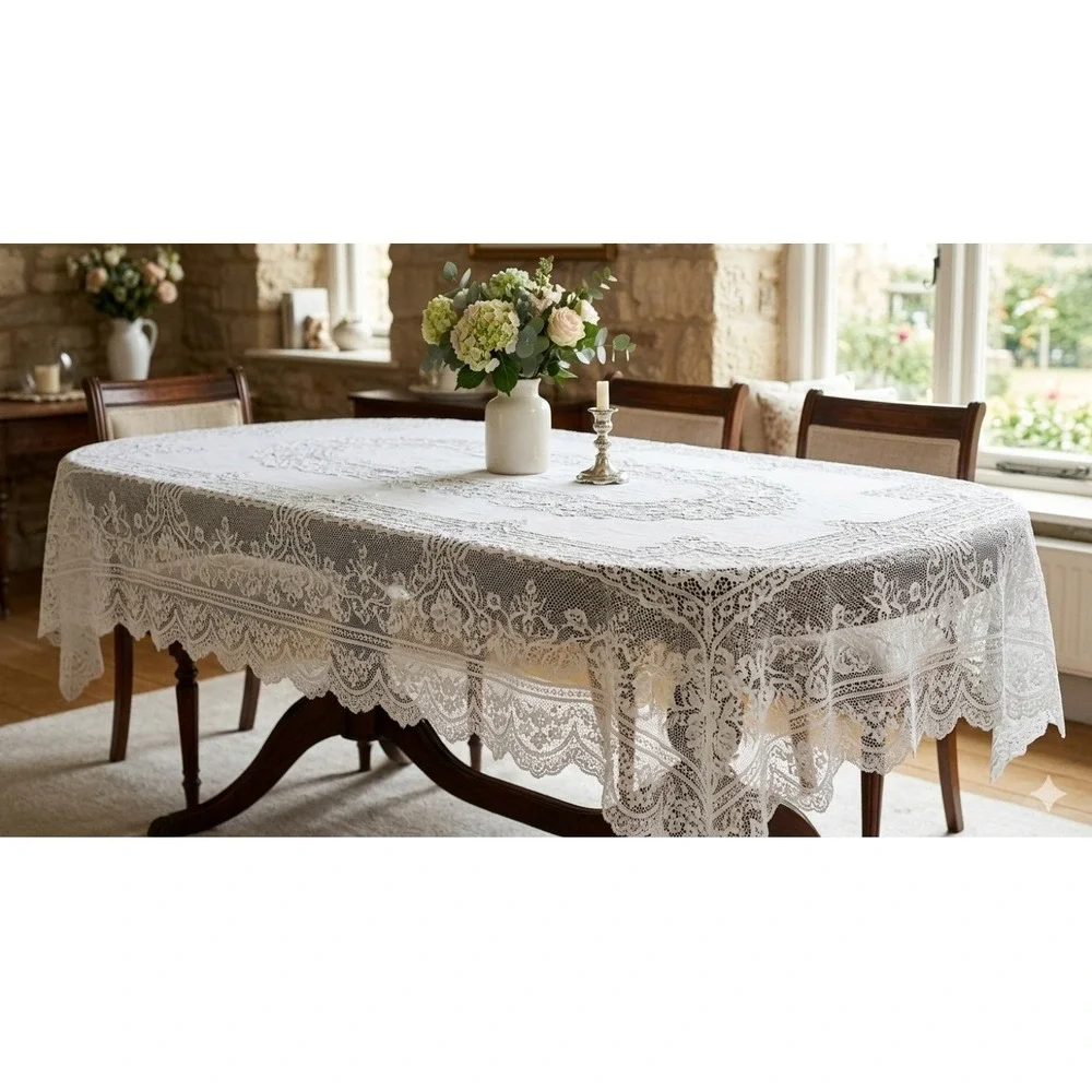Vintage Off White Lace Tablecloth, 80x64 Oblong Floral Medallion, Cottagecore